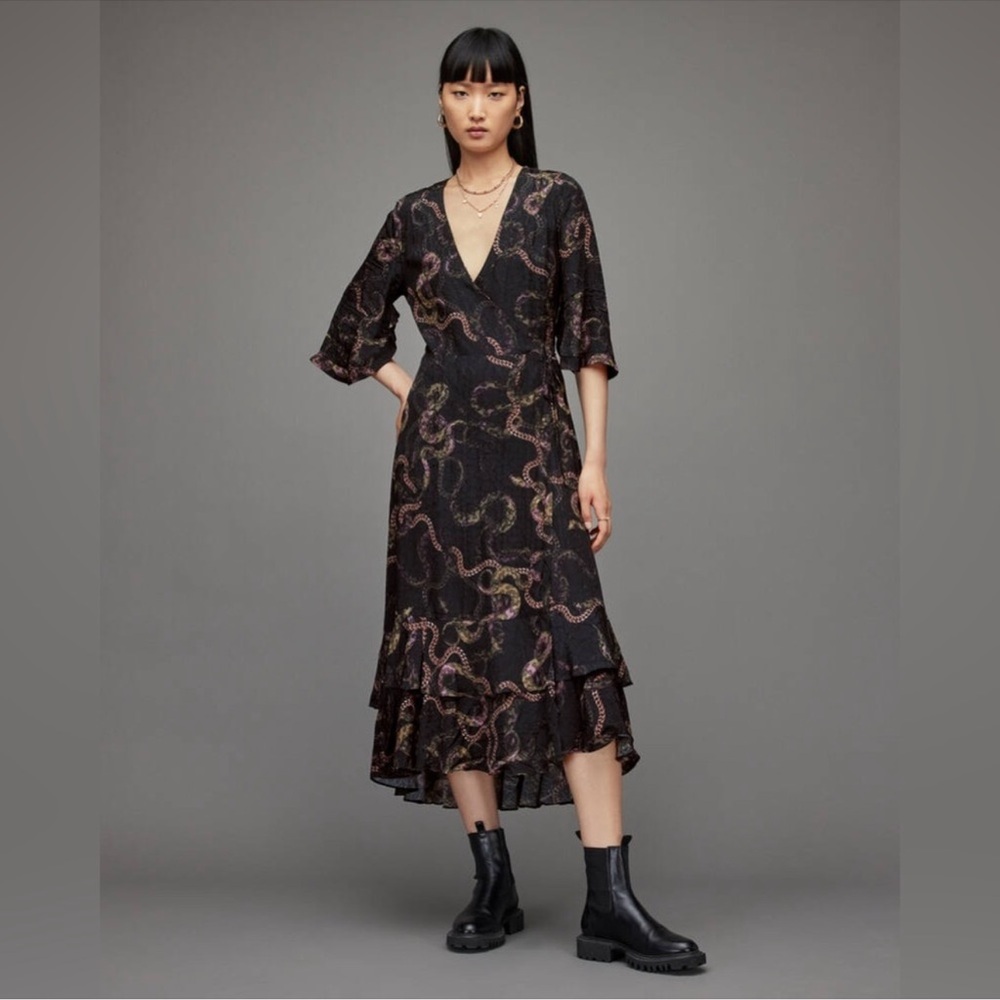 All Saints Black High Low Dress with Pattern
